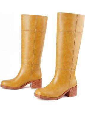 Women's Banana Comfortable Knee High Square Toe Chunky Low Heel Mid-Calf Boots